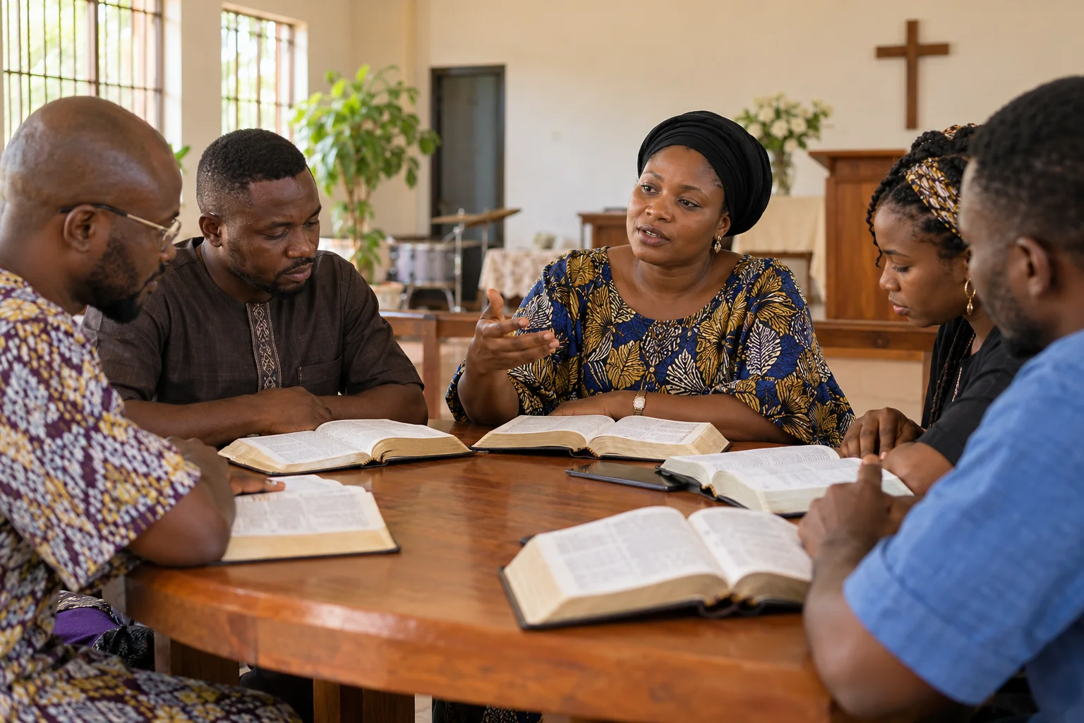 Adults sharing a Bible study around a table