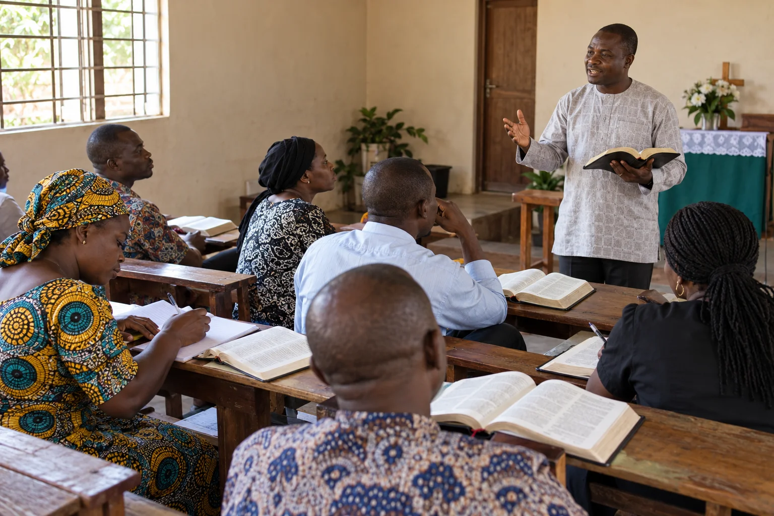 Adults learning Scripture together in a classroom
